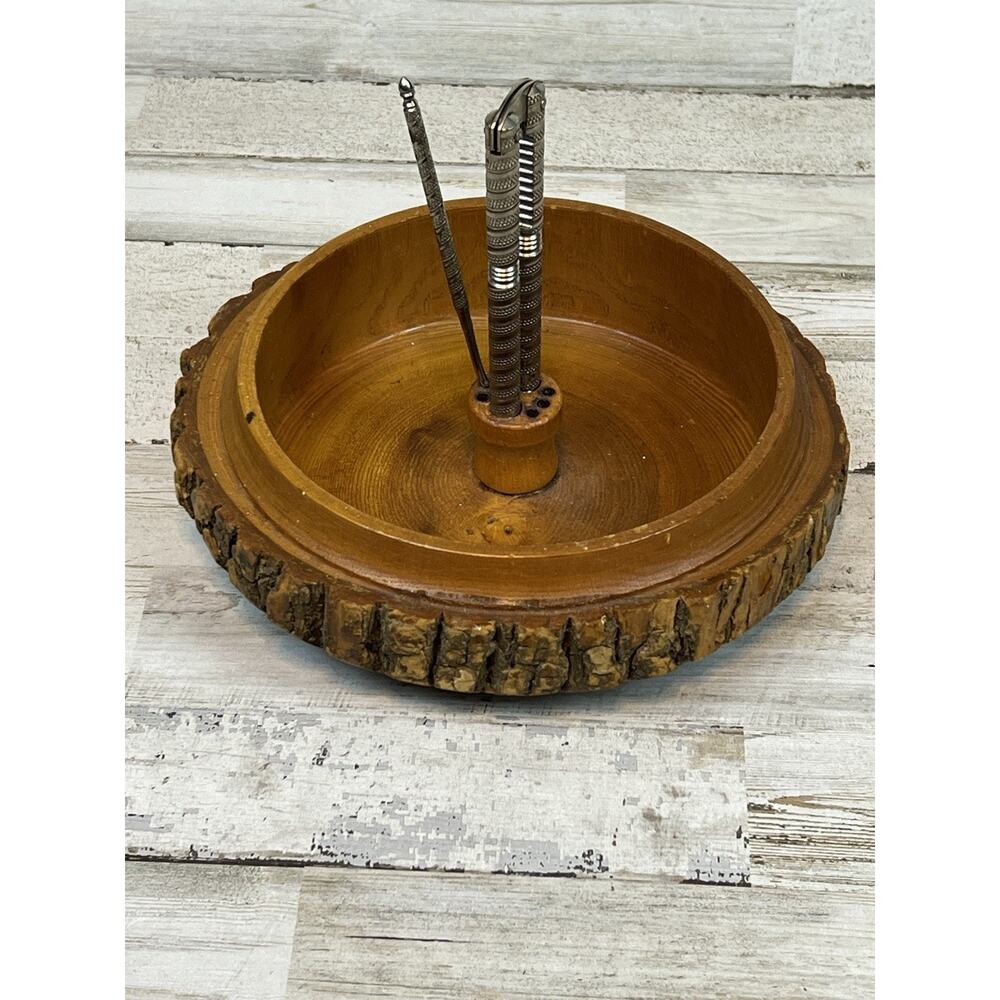 Vintage Wooden Tree Bark Nut Bowl Cracker Pick Set Rustic Walnut Serving Dish